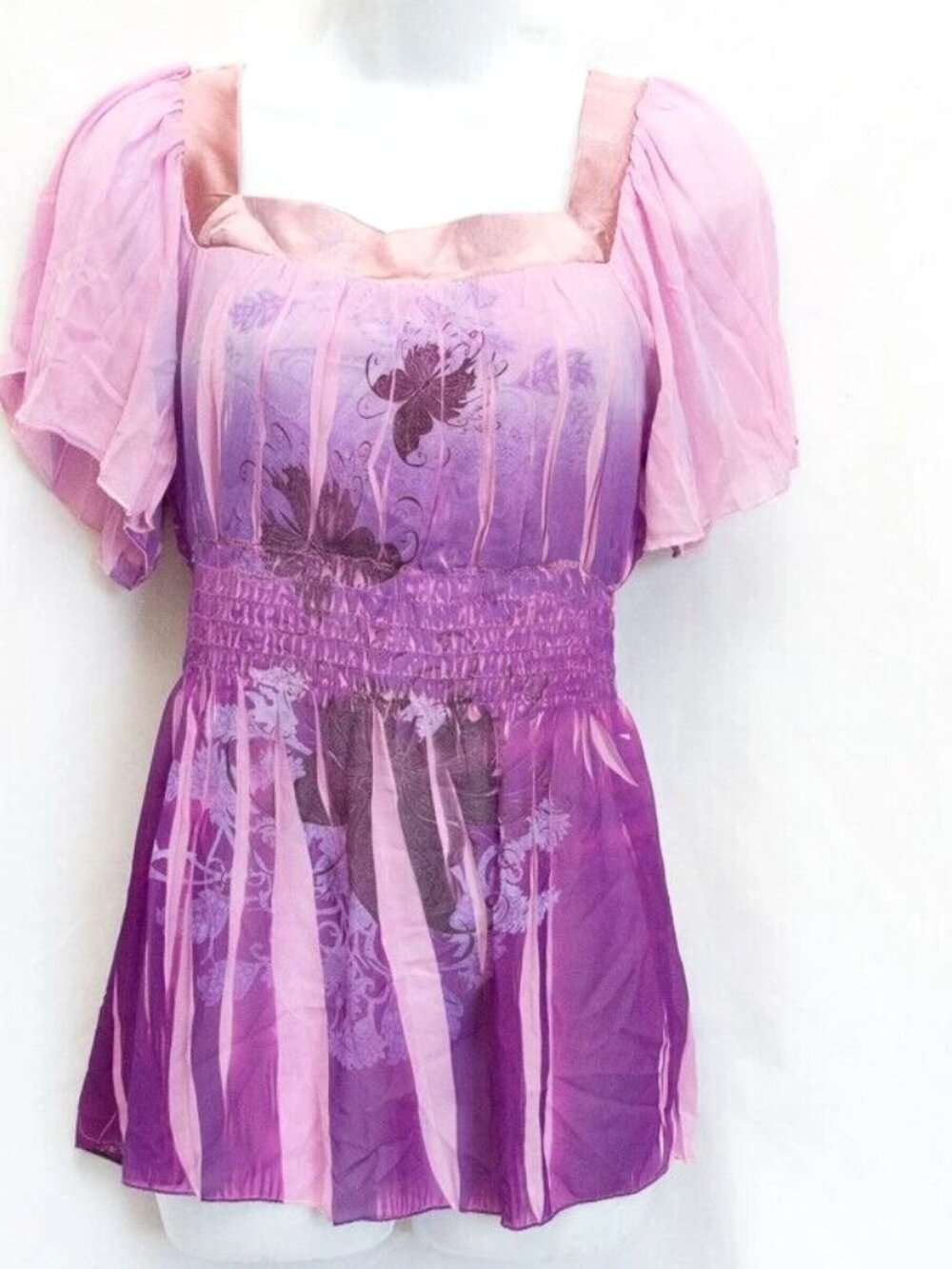 Jump Vgt Y2K Square Neck Smocked Waist Butterfly Pink Satin Coquette Top Sz M